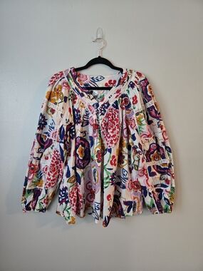 Kaktus Floral 100% Cotton Boho Blouse Puff Sleeve Lace Trim Vibrant Summer
